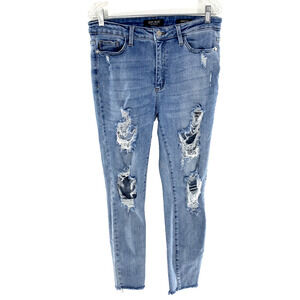 Judy Blue Womens Skinny Fit Distressed Raw Hem High Rise Blue‎ Jeans Sz 11/30